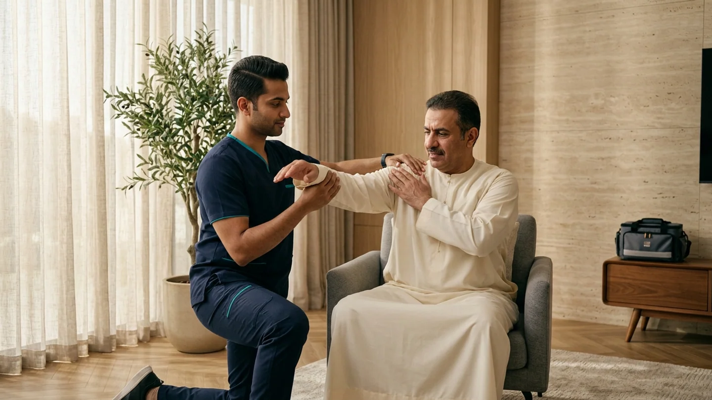 جلسة علاج طبيعي منزلي توضيحية لأخصائي يساعد مريضًا بالغًا على تمارين الكتف والذراع في غرفة معيشة كويتية حديثة