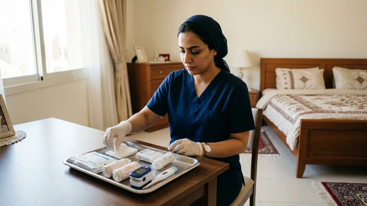 ممرضة منزلية تجهز أدوات الغيار المعقمة وجهاز قياس الأكسجين والحرارة على طاولة نظيفة في المنزل