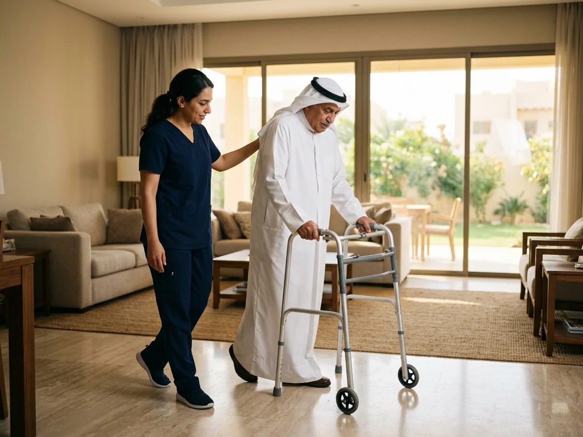 أخصائية علاج طبيعي ترافق رجلًا مسنًا أثناء التدريب على المشي الآمن باستخدام المشاية داخل منزل كويتي