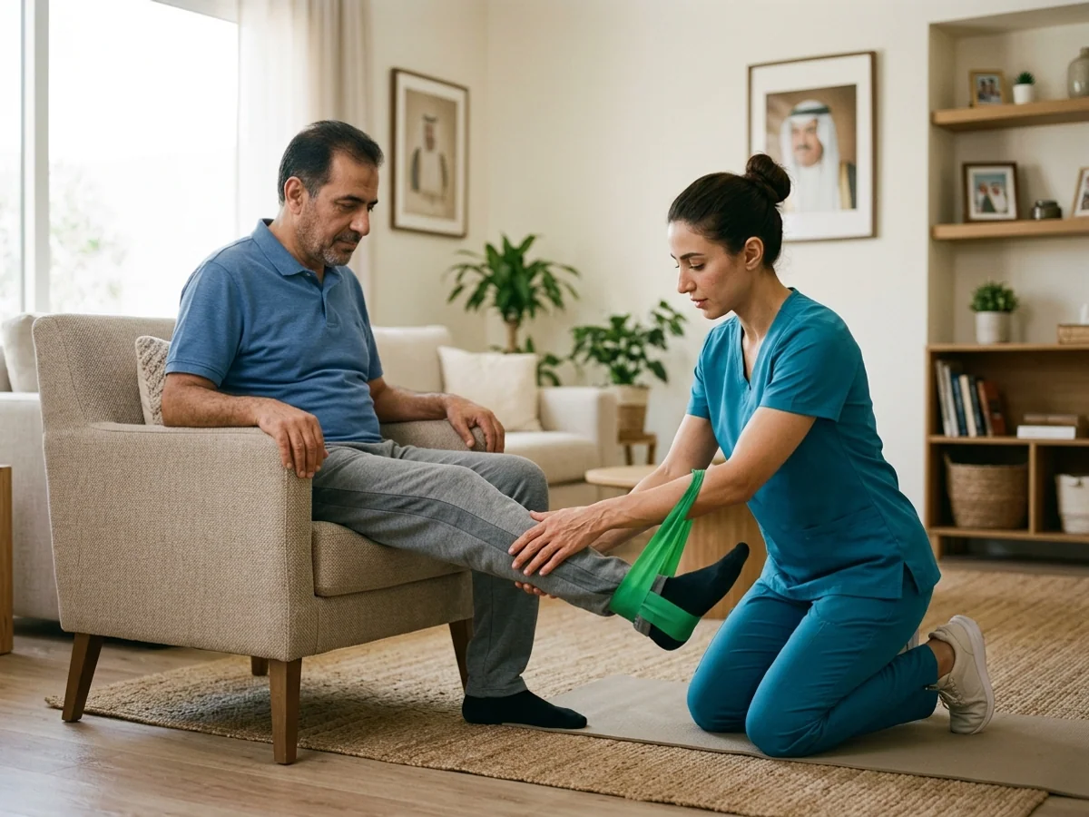 أخصائية علاج طبيعي توجه مريضًا لأداء تمرين تأهيل الركبة باستخدام شريط مقاومة مطاطي في المنزل